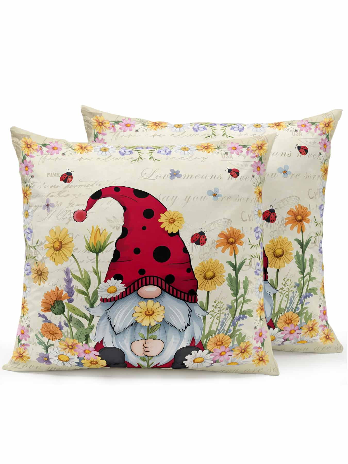 Outdoor Pillows Waterproof, Vintage Gnomes Bedding Throw Pillows with Insert for Couch Sofa Bed, Rustic Pastoral Daisy Botanical Floral 16x16 Inch Pillowcases Decorative Patio Pillow Set of 2