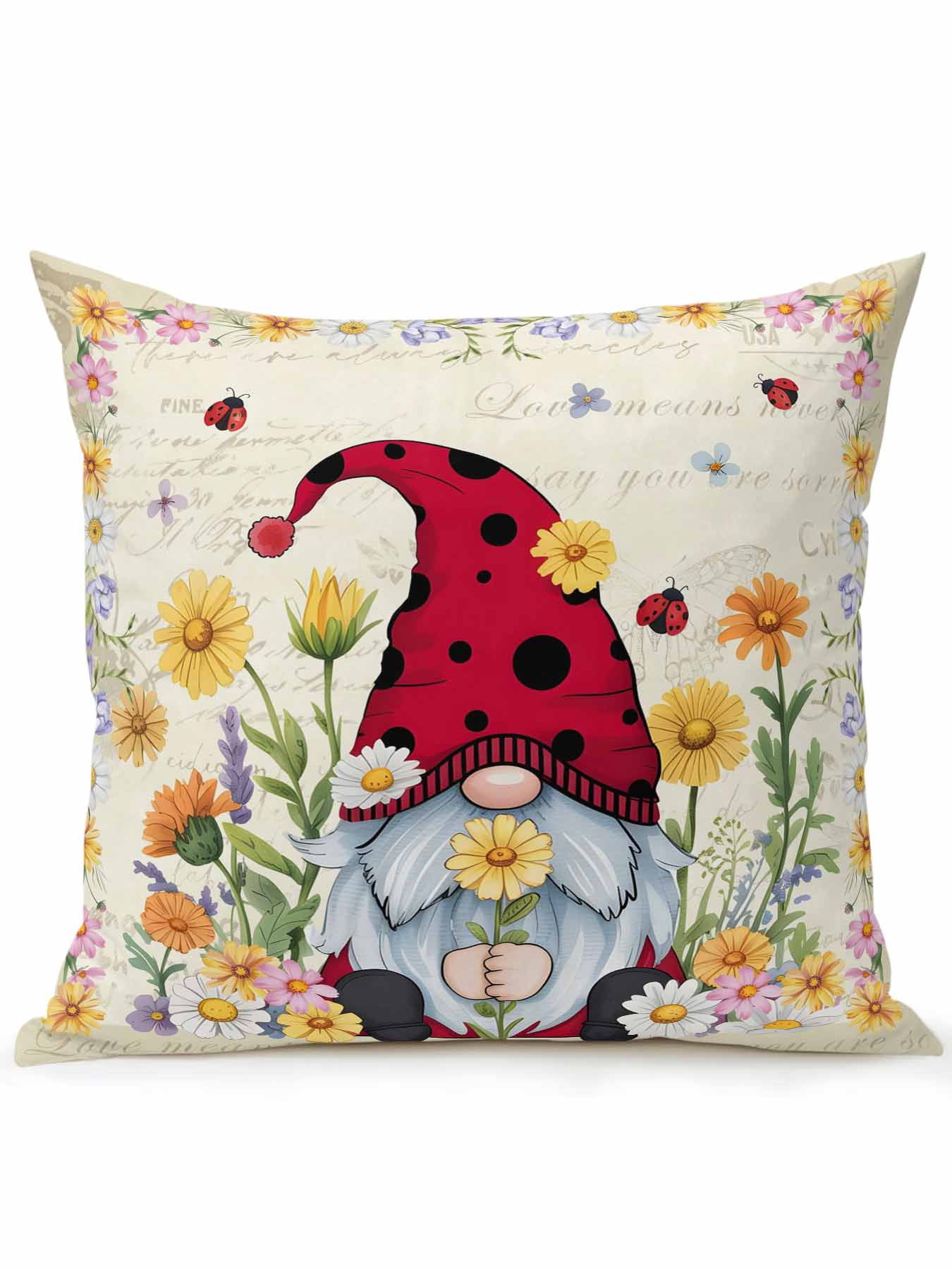 Outdoor Pillows Waterproof, Vintage Gnomes Bedding Throw Pillows with Insert for Couch Sofa Bed, Rustic Pastoral Daisy Botanical Floral 18x18 Inch Pillowcases Decorative Patio Pillow Set of 1