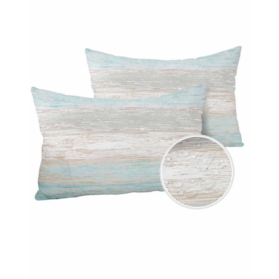 Outdoor Pillows Waterproof, Vintage Teal Grey Throw Pillows with Inserts Included, Farmhouse Barn Wooden Striped Indoor Outdoor Decorative Lumbar Pillow for Bed/Couch/Patio 12"x20", 2Pcs