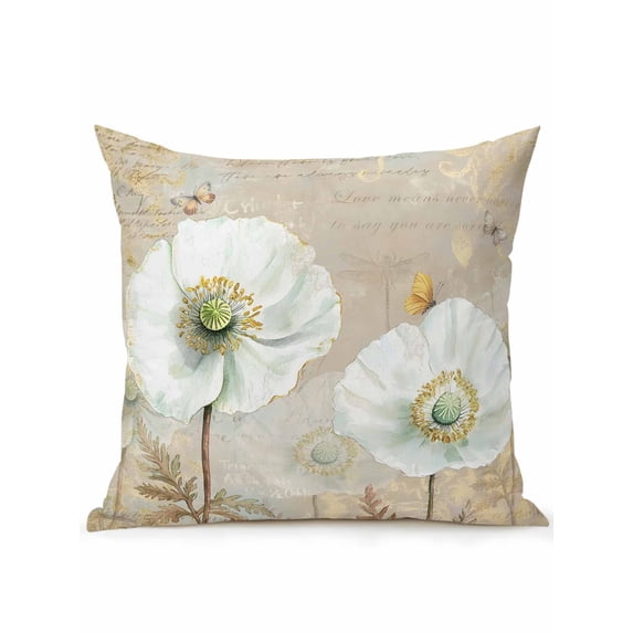 Outdoor Pillows Waterproof, White Flowers Bedding Throw Pillows with Insert for Couch Sofa Bed, Vintage Floral Butterfly Farmhouse Beige 16x16 Inch Pillowcases Decorative Patio Pillow Set of 1