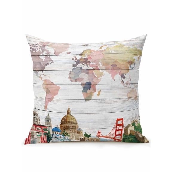 Outdoor Pillows Waterproof, World Map Bedding Throw Pillows with Insert for Couch Sofa Bed, Country Famous Building Tourism Bridge Wooden 16x16 Inch Pillowcases Decorative Patio Pillow Set of 1