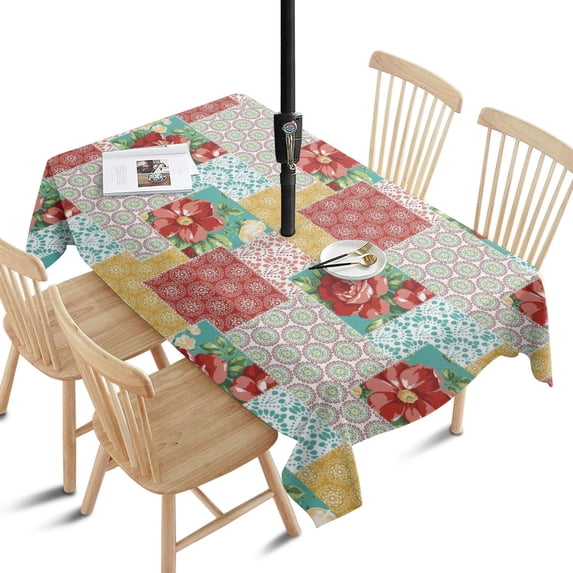 Outdoor Pioneer Tablecloth with Umbrella Hole and Zipper,Rectangle Waterproof Wrinkle Free Table Cloth Decorative Fabric Washable Table Cover for Patio, Party, Picnic 60 X 84 Inch