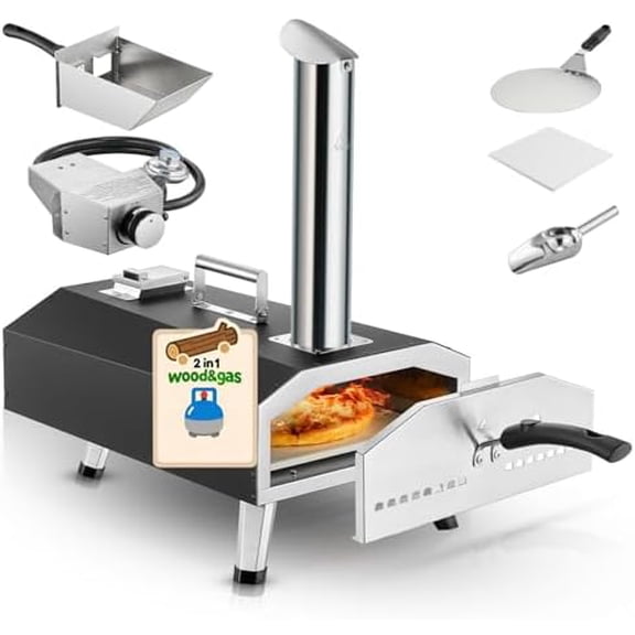 Outdoor Pizza Oven Wood Fired and Gas, 90 Seconds for 12" Pizza, 1000F Fast Cooking, Oven for Grill, Camping, Backyard, Tailgating, Includes Pizza Stone and Gas Hose$$Garden & Patio
