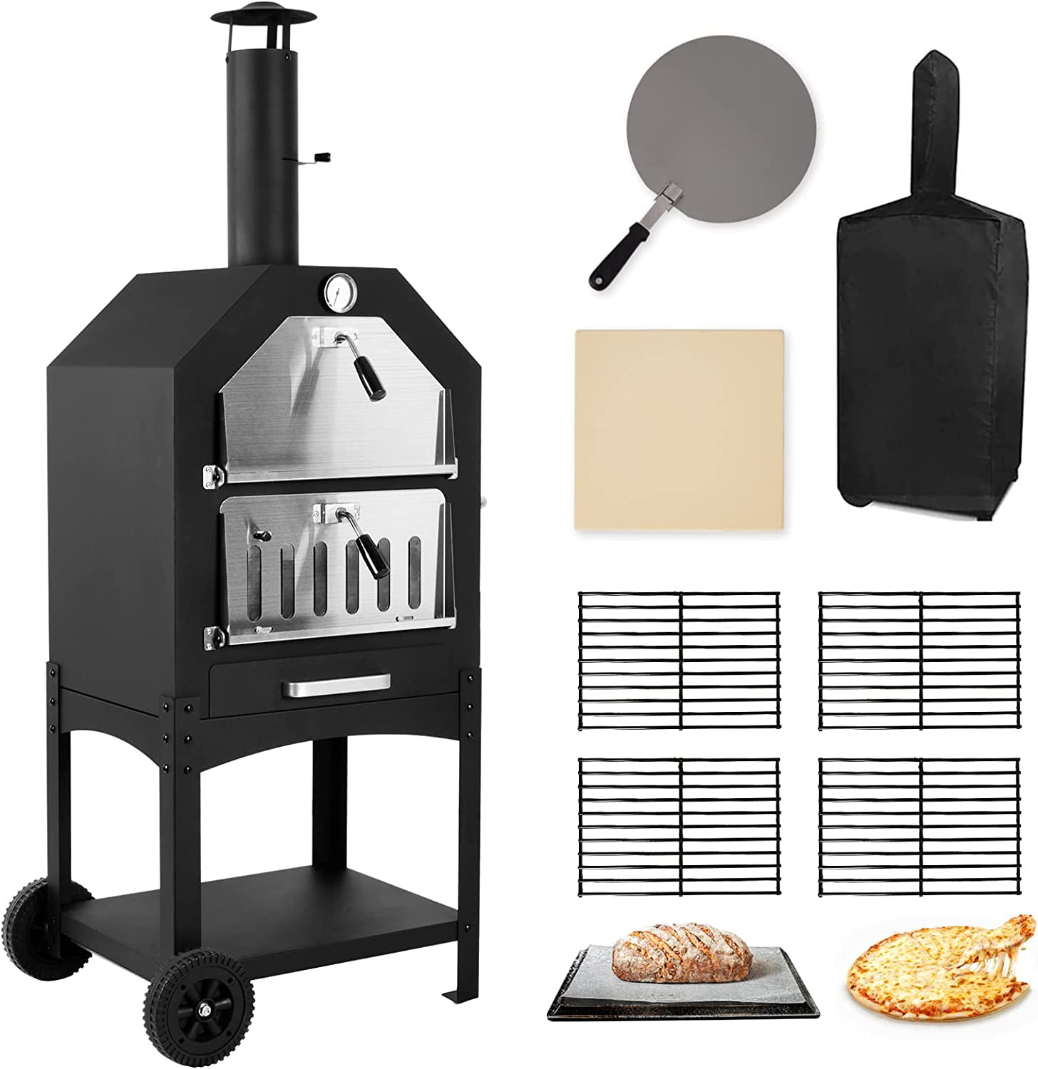 Outdoor Pizza Oven Wood Fired Pizza Oven Patio Portable Pizza Maker Cooking Grill with Wheels