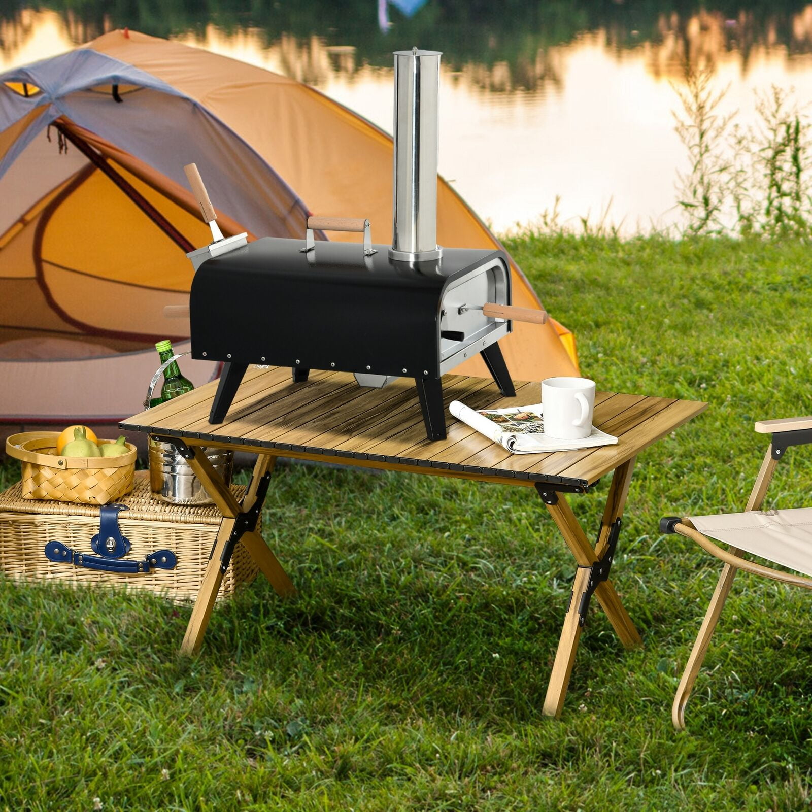 Portable Black Stainless Steel Outdoor Pizza Oven with Rotating Stone