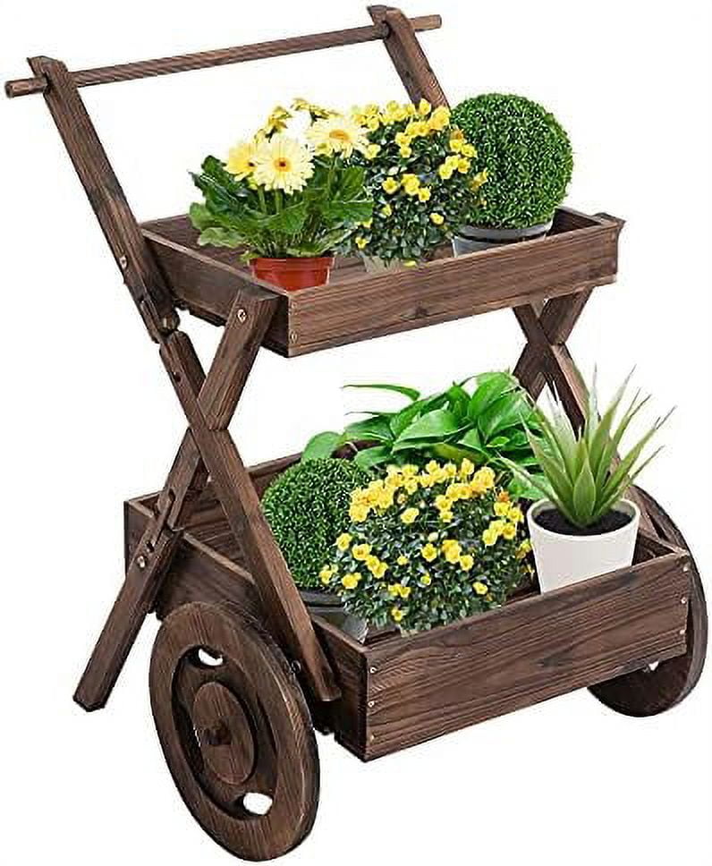 Outdoor Plant Stand On Wheels With 2 Shelves, Wooden Flower Cart
