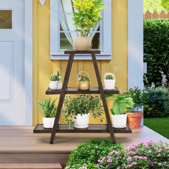 Outdoor Plant Stand for Patio 3 Tier Plant Stand Shelf with Wicker Poly Lumber Flower Stand Holder Tiered Multi Ladders Plant Holder Display Rack with Adjustable Feet for Outside Balcony Porch Brown