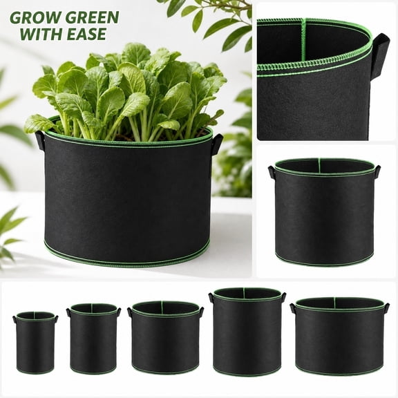 Outdoor Planter, 2 Gallon Garden Grow Bags, 8X8 Inch Container Garden Growing Bag, Double Non-Slip Handle Plant Containers, Green Edge Stitching Non-Woven Aeration Pot for Plant