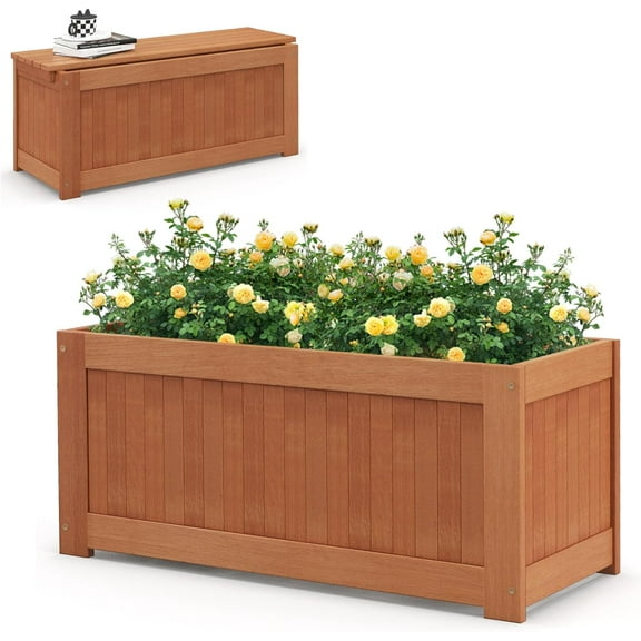 Outdoor Planter Bench, 45 Gallon Outdoor Bench Wooden Raised Garden Bed with Planter Box, 2-in-1 Wood Planter Bench Deck Plant Box for Porch, Patio, Garden & Backyard