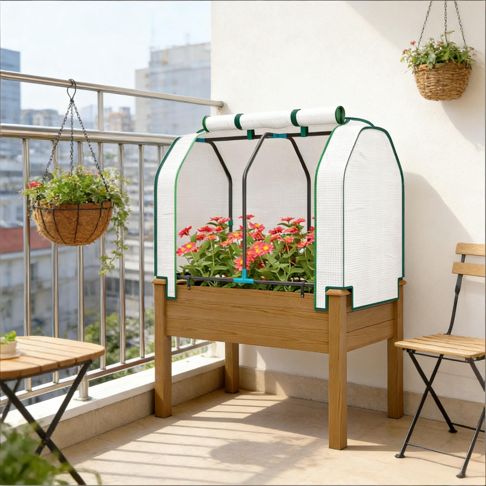 Outdoor Planter Box Convenient Raised Garden Bed with Legs Retractable PE Cover Brown Fir Wood Steel Frame Drainage Holes Breathable Fabric for Vegetables Herbs Flowers