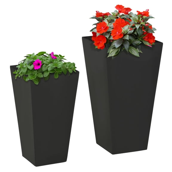 Outdoor Planter Set of 2 - Black MgO Flower Pots with Drainage - Patio, Yard, Garden - Lightweight & Stackable
