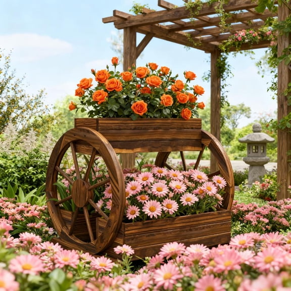 Outdoor Planter, Wooden Wagon Planter Box, 3-Tier Raised Garden Bed, for Vegetables Flowers Herbs