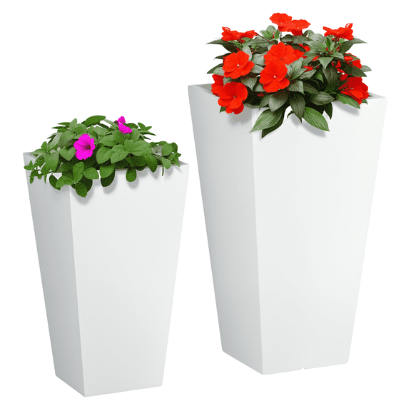 Outdoor Planters 2-Pack, 22 & 18in Flower Pots, Stackable Plant Pots with Drainage, Durable MgO, for Patio, Porch, Garden, Yard, White