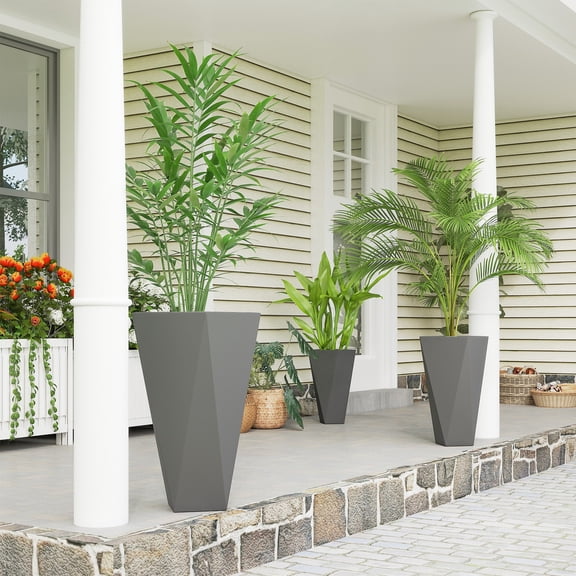 Outdoor Planters Versatile Set of 3 with Drainage Holes, Flower Pots, Gray