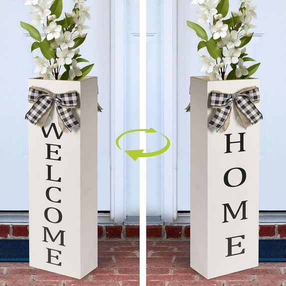 Outdoor Planters for Porch Decor 23.6 Inches Tall, Reversible Wooden Welcome Home Porch Sign, Entryway Front Door Rustic Decoration