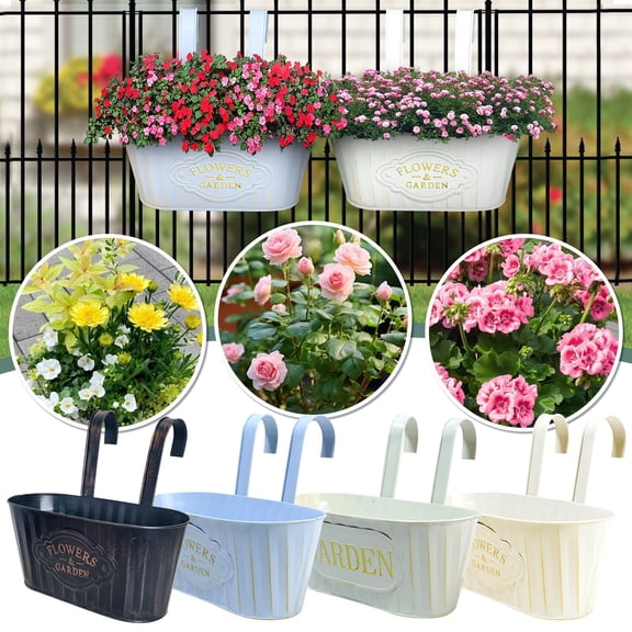 Outdoor Plants Planter Black Metal Iron Hanging Flower Pot for Decks Railings,Detachable Handle Bucket 9.44inch
