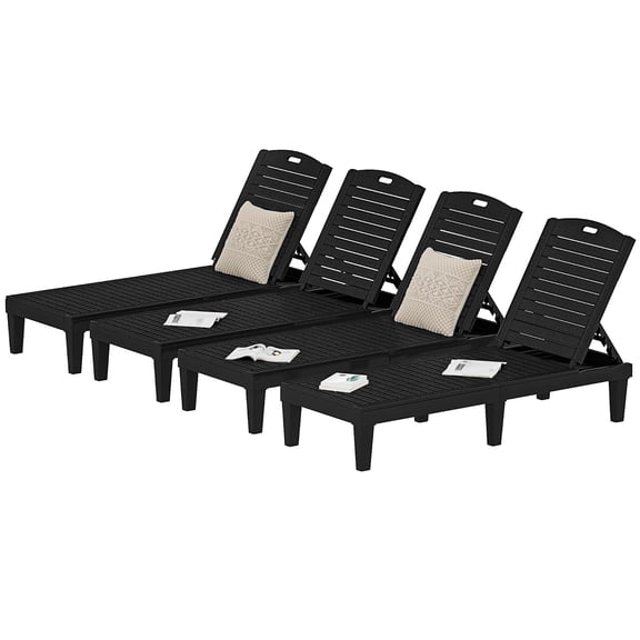 Outdoor Plastic Chaise Lounger, Poolside Lounge Chair w/5-Position Adjustable Backrest, Waterproof & Easy Setup for Patio, Poolside, Garden (Black, 4 PCS)