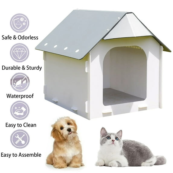 Waterproof Plastic Pet Dog House, Cat House with Elevated Base, Doghouse Puppy Shelter Kennel Indoor Outdoor Ventilate, Easy Clean Cat Shelter Pet House, Plastic Cat House for Small Cats Dogs
