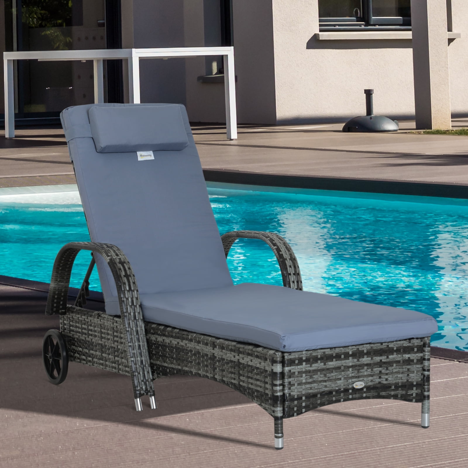 Blue Steel Wicker Chaise Lounge with Cushion and Wheels