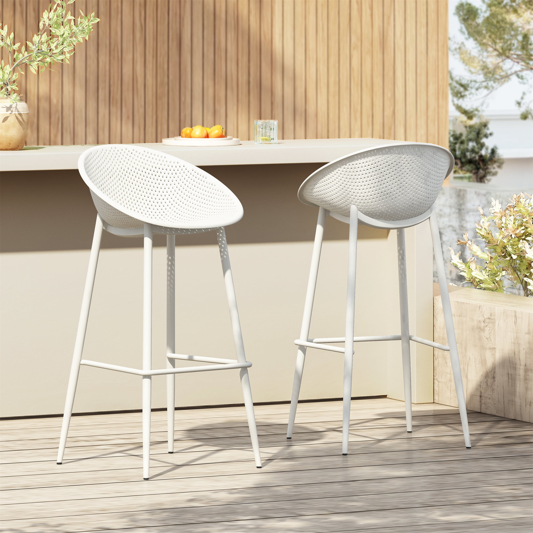 Outdoor Plastic Resin Barstools Set of 2 for Patio Bar, White
