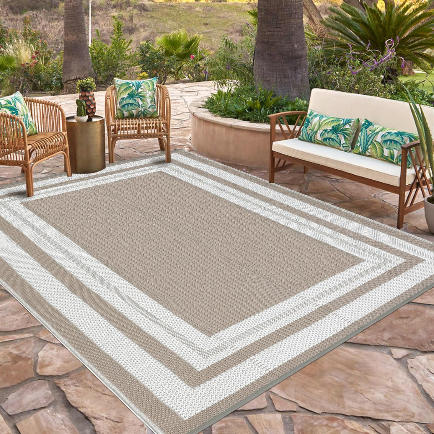 Outdoor Plastic Straw Rug 8x10 Reversible Patio Rug Outdoor Rug Waterproof Camping Rug Portable Outdoor Floor Mat for RV Porch Balcony Patio Camping Picnic Beach Grey Beige Panel