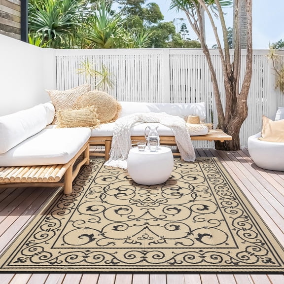 Outdoor Plastic Straw Rug 8x10 Reversible Patio Rug Outdoor Rugs Waterproof Camping Rugs Portable Outside Floor Mat for RV Porch Balcony Patio Camping Picnic Beach Floral Beige