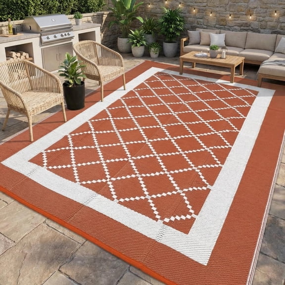 Outdoor Plastic Straw Rug 9x12 Waterproof Reversible Patio Rug, Large UV-Resistant Portable RV Camping Mats with Carry Bag & 4 Stakes for Outside Deck Front Porch Garden RV, Terracotta