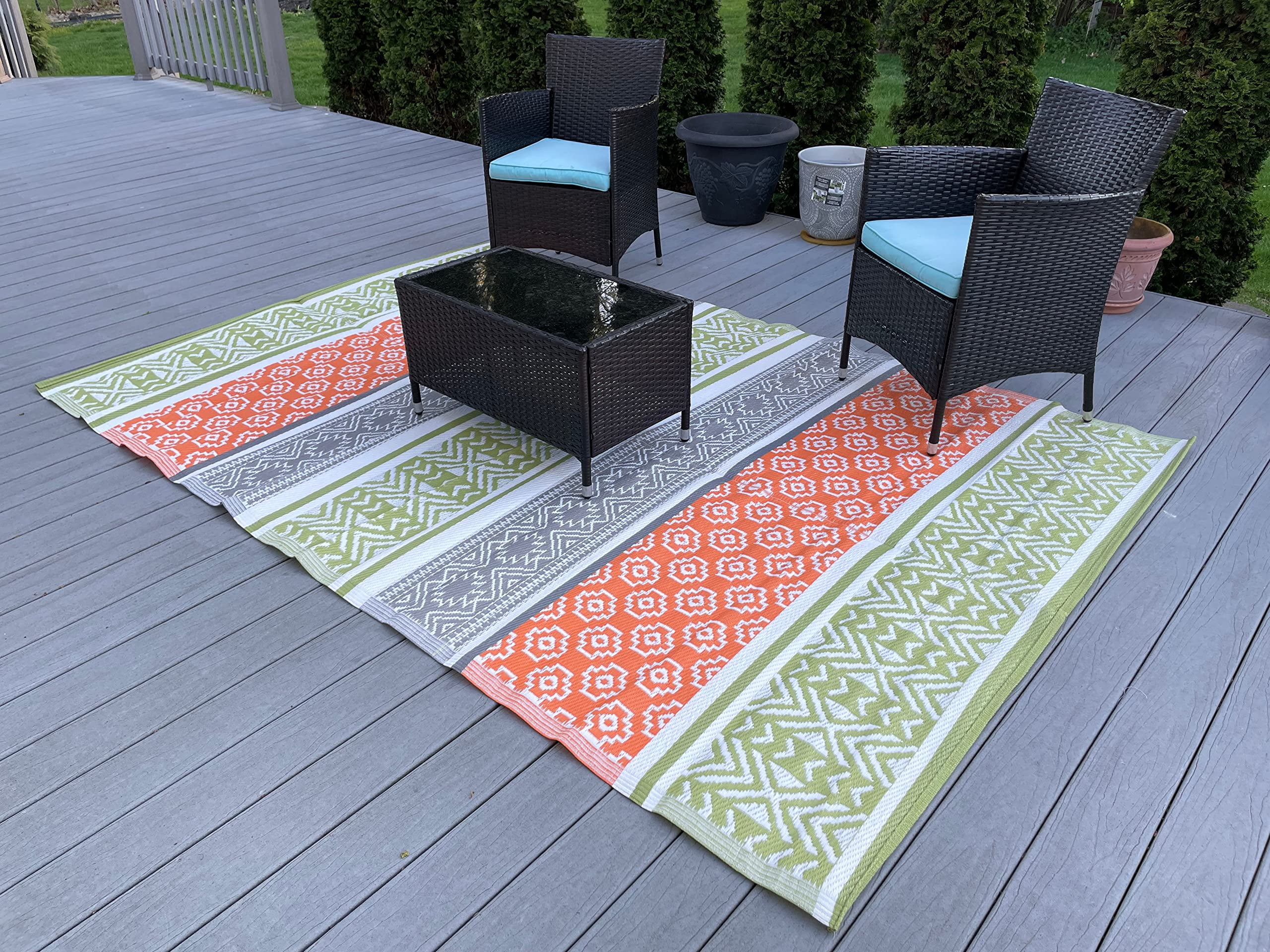 Outdoor Plastic Straw Rugs9'x12' Green, Orange, Reversible Portable