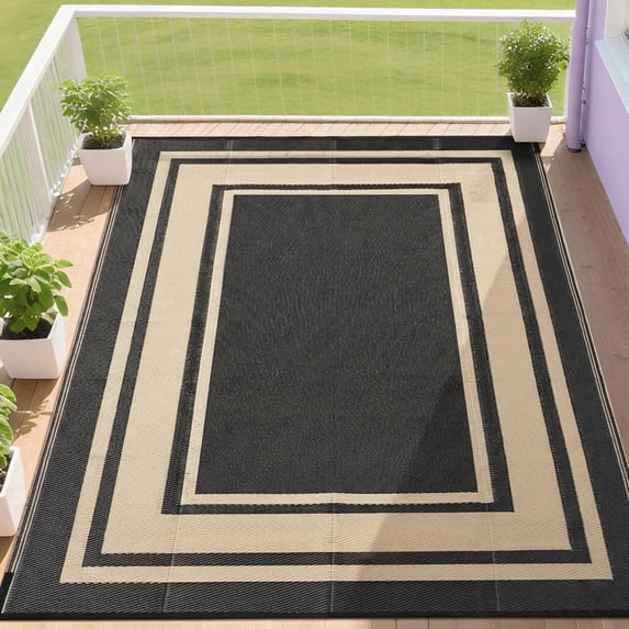 Outdoor Plastic Waterproof Rug 9'x 12' for Patio, Porch, Deck, Backyard, Balcony, Reversible, Geometric