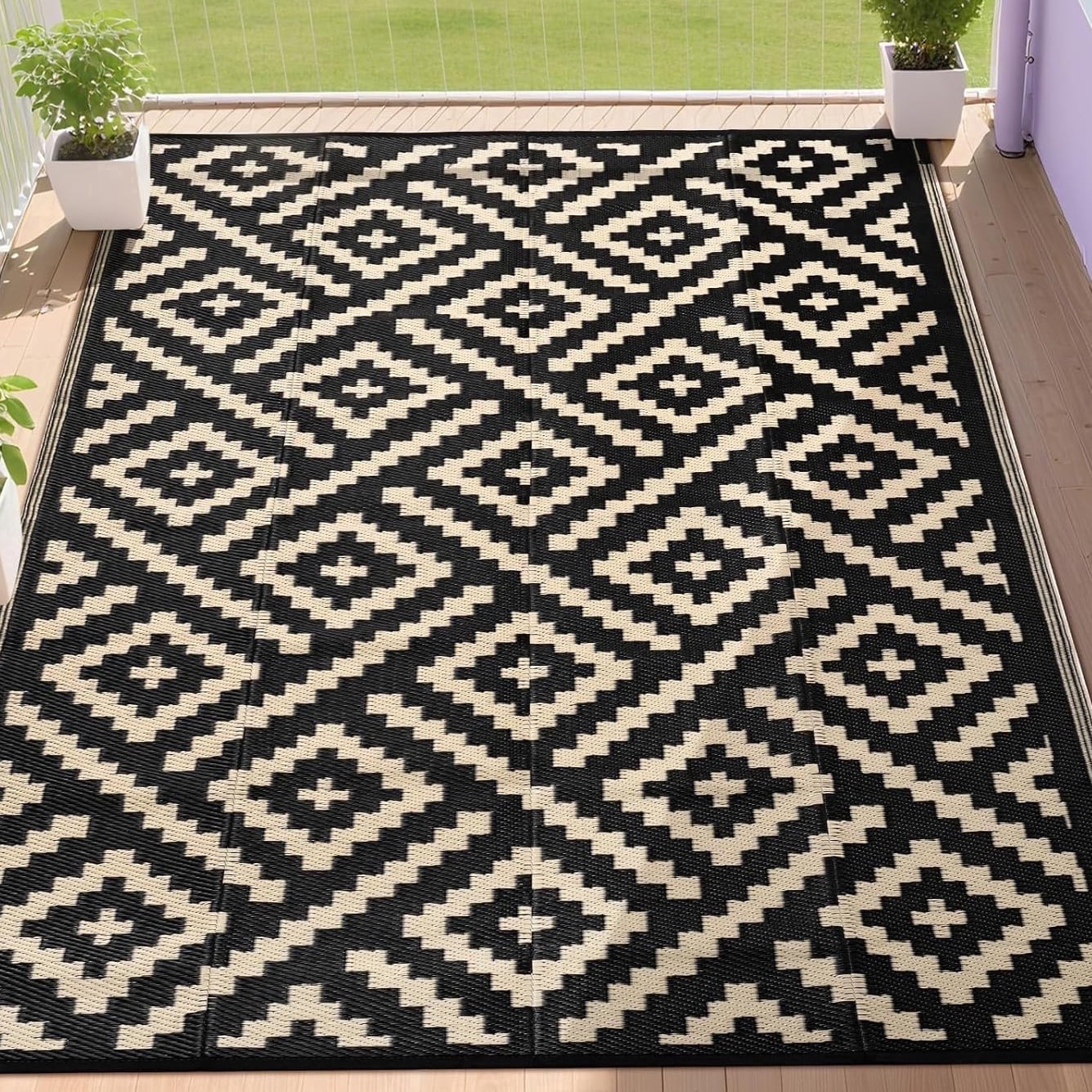 Outdoor Plastic Waterproof Rug 9'x 12' for Patio, Porch, Deck, Backyard, Balcony, Reversible