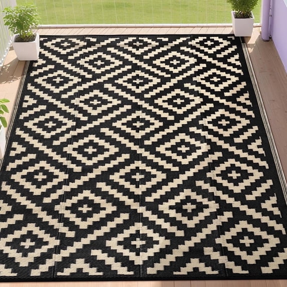 Outdoor Plastic Waterproof Rug 9'x 12' for Patio, Porch, Deck, Backyard, Balcony, Reversible