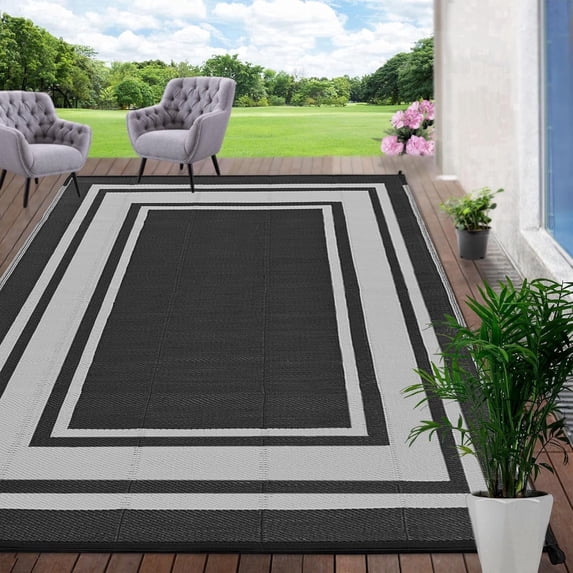 Outdoor Plastic Waterproof Rug 9'x 12' for Patio, Porch, Deck, Backyard, Balcony, Reversible, Geometric