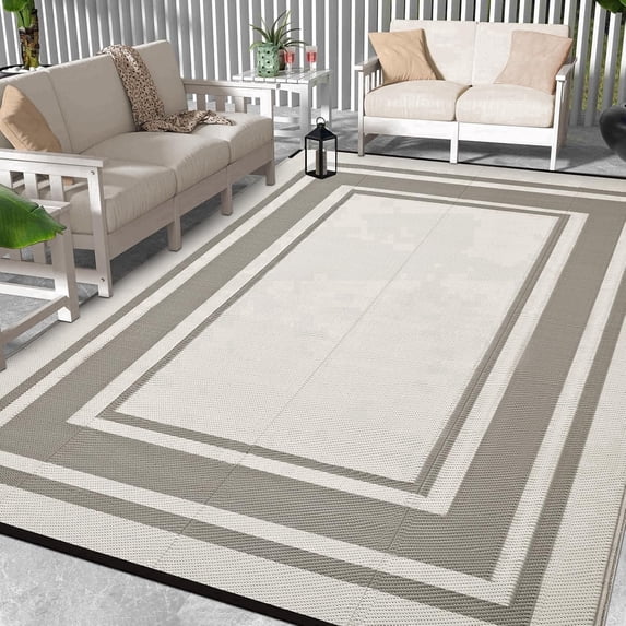 Outdoor Plastic Waterproof Rug 9'x 12' for Patio, Porch, Deck, Backyard, Balcony, Reversible, Geometric