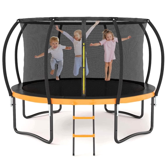 Outdoor Play Equipment 12FT Outdoor Big Trampoline With Inner Safety Enclosure Net, Ladder, PVC Spring Cover Padding, For Kids, Black&Orange Color,Backyard Playset