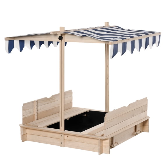 Outdoor Play Equipment Outsunny Wooden Kids Sandbox with Cover, Children Outdoor Sand Box with Foldable Bench Seats, Adjustable Canopy, Bottom Liner for Outdoor, Natural,Backyard Playset