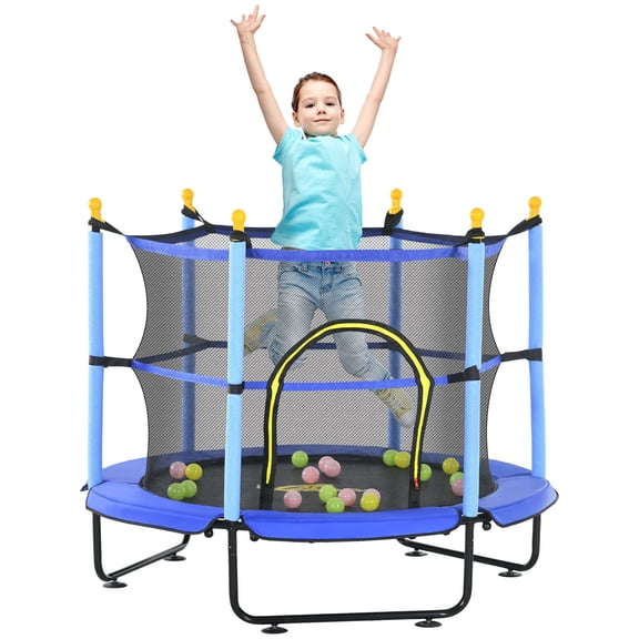 Outdoor Play Equipment Qaba 4.6' Trampoline for Kids, 55 Inch Toddler Trampoline with Safety Enclosure & Ball Pit for Indoor or Outdoor Use, Built for Kids 3-10 Years, Blue,Kids Outdoor Toys