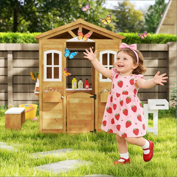 Outdoor Play Equipment, Wooden Playhouse,Outdoor Playhouse, Natural,White Kids Outdoor Toys,Wood Backyard Playset, Toys Outdoor Sports