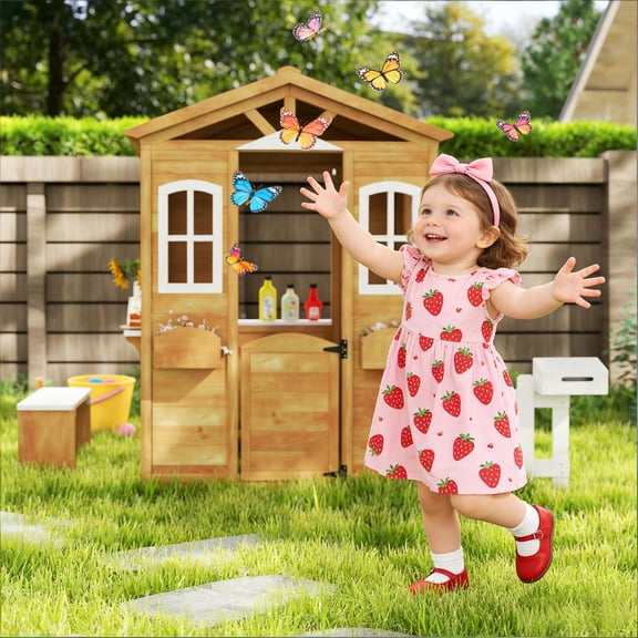 Outdoor Play Equipment, Wooden Playhouse,Outdoor Playhouse, Natural,White Kids Outdoor Toys,Wood Backyard Playset, Toys Outdoor Sports