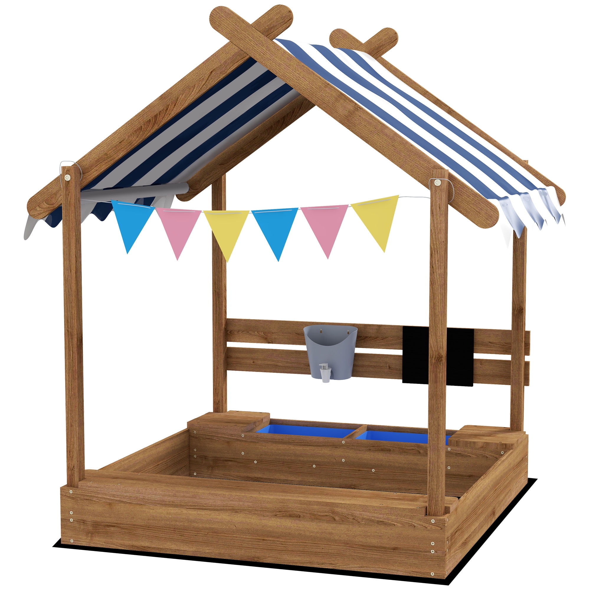 Outdoor Play Equipment Wooden Sandbox with Canopy House Design for 3-7 Years Old, Brown,Backyard Playset