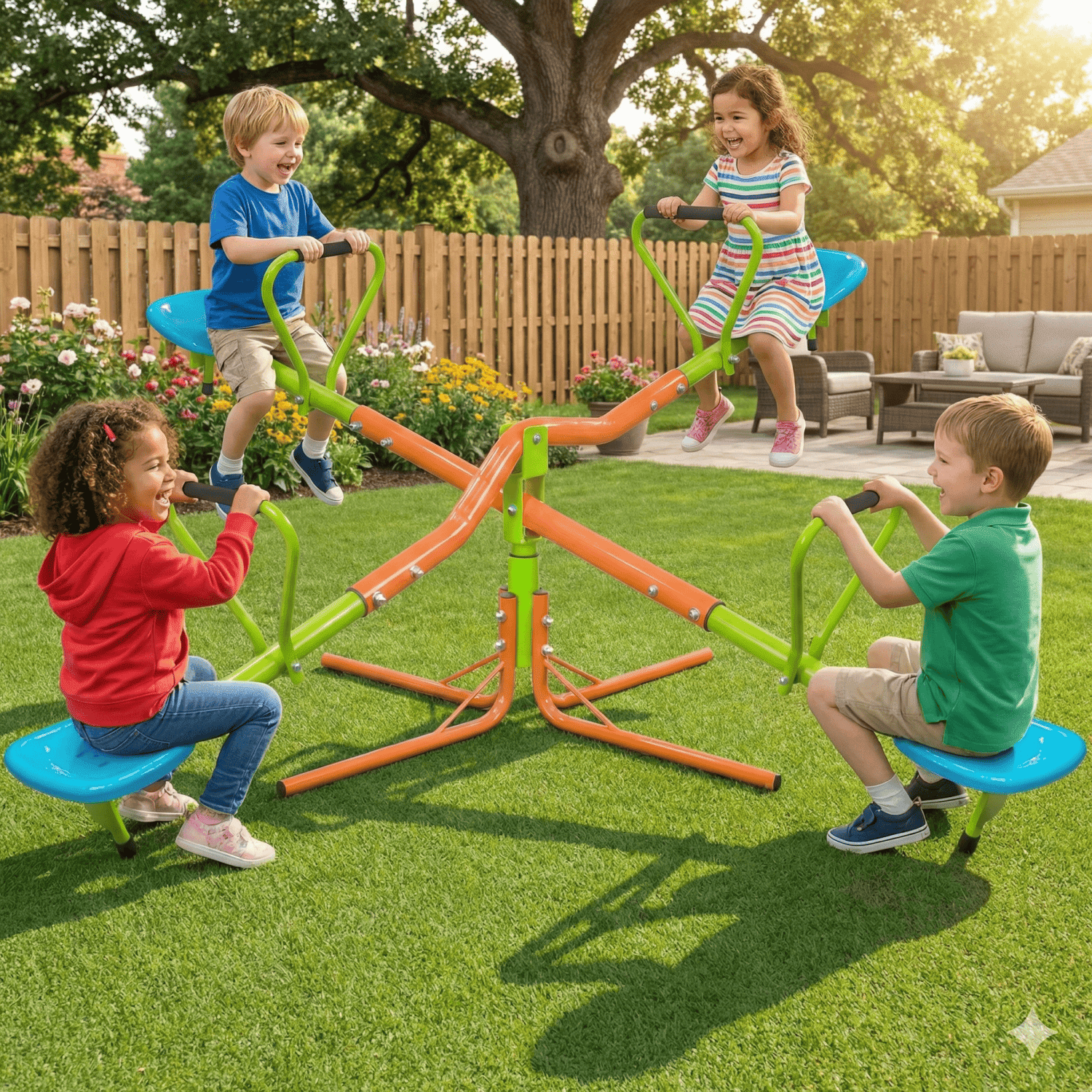 Outdoor Playground Four Seats 360 Degree Rotating Seesaw for Kids, Sturdy Steel & Plastic Seat Teeter Totter in Blue & Green, Suitable for Kids Age 3+ Indoor Outdoor Use