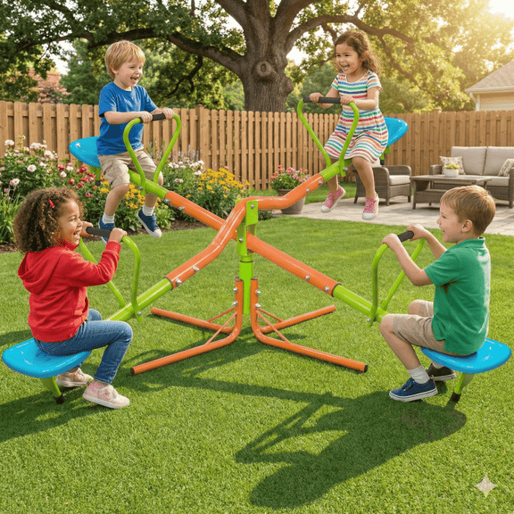 Outdoor Playground Four Seats 360 Degree Rotating Seesaw for Kids, Sturdy Steel & Plastic Seat Teeter Totter in Blue & Green, Suitable for Kids Age 3+ Indoor Outdoor Use