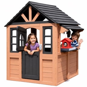 Conchico Outdoor Playhouse for Kids 3-5 Years, Kids Playhouse with Play Kitchen, Working Doorbell, Bird Cage, Pet Door, Kids Outdoor Toy Gift, Easy Assembly, Brown