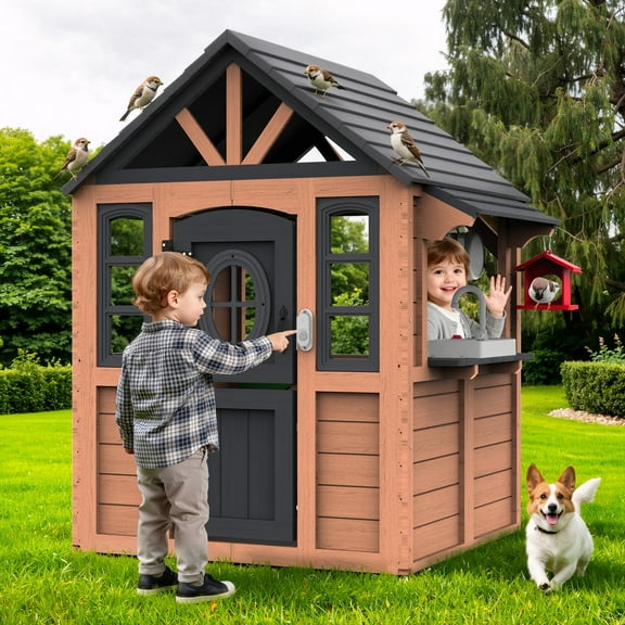 Outdoor Playhouse for Kids 3-5 Years, Kids Playhouse with Play Kitchen, Working Doorbell, Bird Cage, Pet Door, Kids Outdoor Toy Gift, Easy Assembly, Natural