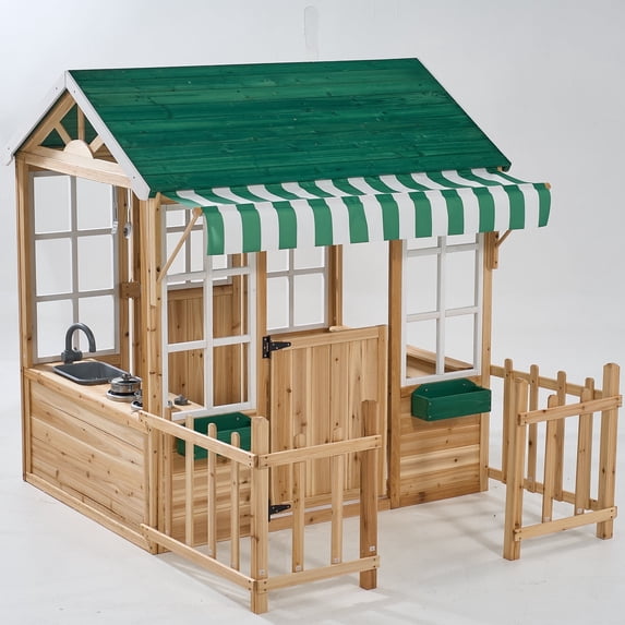 Outdoor Playhouse for Kids 4-8, Toddler Wooden Playhouse with Play Kitchen, Snack-Bar, Gardening Kit for Girls Boys, Play House with Fence, Jungle Green