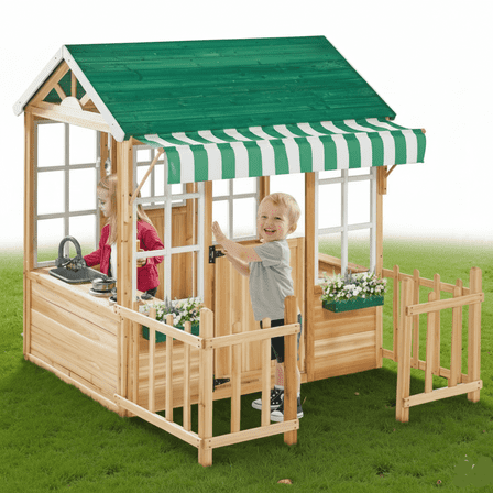 Outdoor Playhouse for Kids 4-8, Toddler Wooden Playhouse with Play Kitchen, Snack-Bar, Gardening Kit for Girls Boys, Play House with Fence, Jungle Green