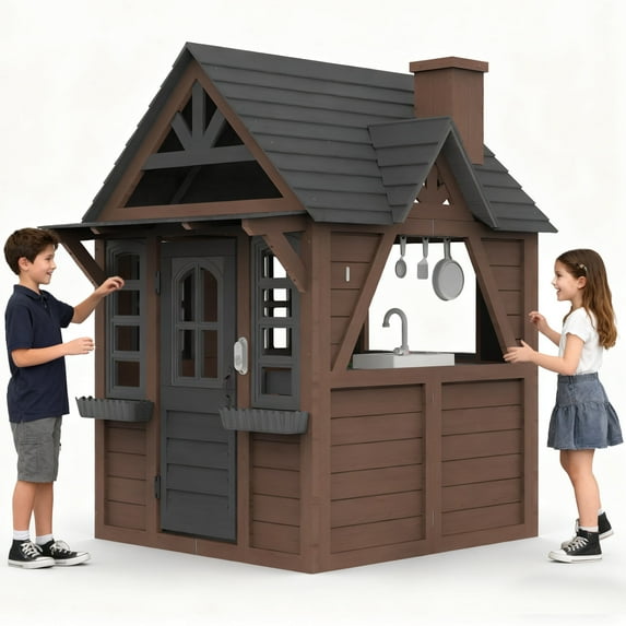 Outdoor Wooden Playhouse for Kids Ages 4-8, Kids Play House with Door, Doorbell, Windows, Pet Door, Kitchen Stove, Sink, Cookware, Flower Pot Holders, Outdoor Backyard Play Equipment for Boy & Girl