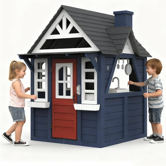 Outdoor Wooden Playhouse for Kids Ages 4-8, Kids Play House with Door, Doorbell, Windows, Pet Door, Kitchen Stove, Sink, Cookware, Flower Pot Holders, Outdoor Backyard Play Equipment for Boy & Girl