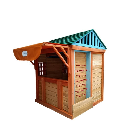 Outdoor Playhouse for Kids Pretend Play Wooden Game House with Canopy Working Door Windows Flowerpot Holder Gifts for Boys Girls (61.4“L x 45.98”W x 64.17H) Gold