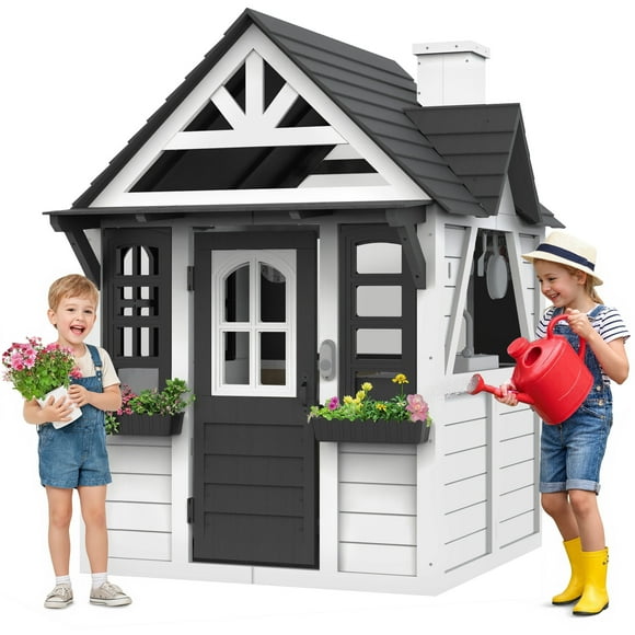 COCLUB Outdoor Playhouse for Kids Ages 4-8, Wooden Play House with Doorbell, Phone, Kitchen Toys, Outdoor Kids Play Equipment, Casa Para Niñas (45”L x 65”H), White & Black