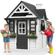 COCLUB Outdoor Playhouse for Kids Ages 4-8, Wooden Play House with Doorbell & Kitchen Toys, Outdoor Kids Play Equipment, Casa para Niñas (45”L x 65”H)